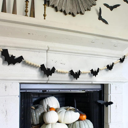 2Pcs Halloween Decoration Garland, Black Bat with Skeleton and Witch Hat Felt Banner White Wood Beads Banner for Halloween Haunted Houses Decor Wall Fireplace Mantle Shelf Rustic Beads, 69"