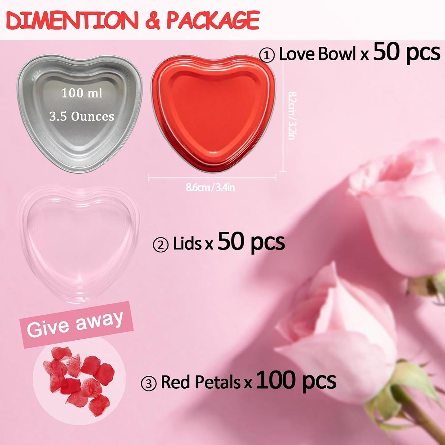 Heart Shaped Cake Pans for Baking, BLVRYVIO 50 Sets Aluminum Cupcake Cups with Lids, Red