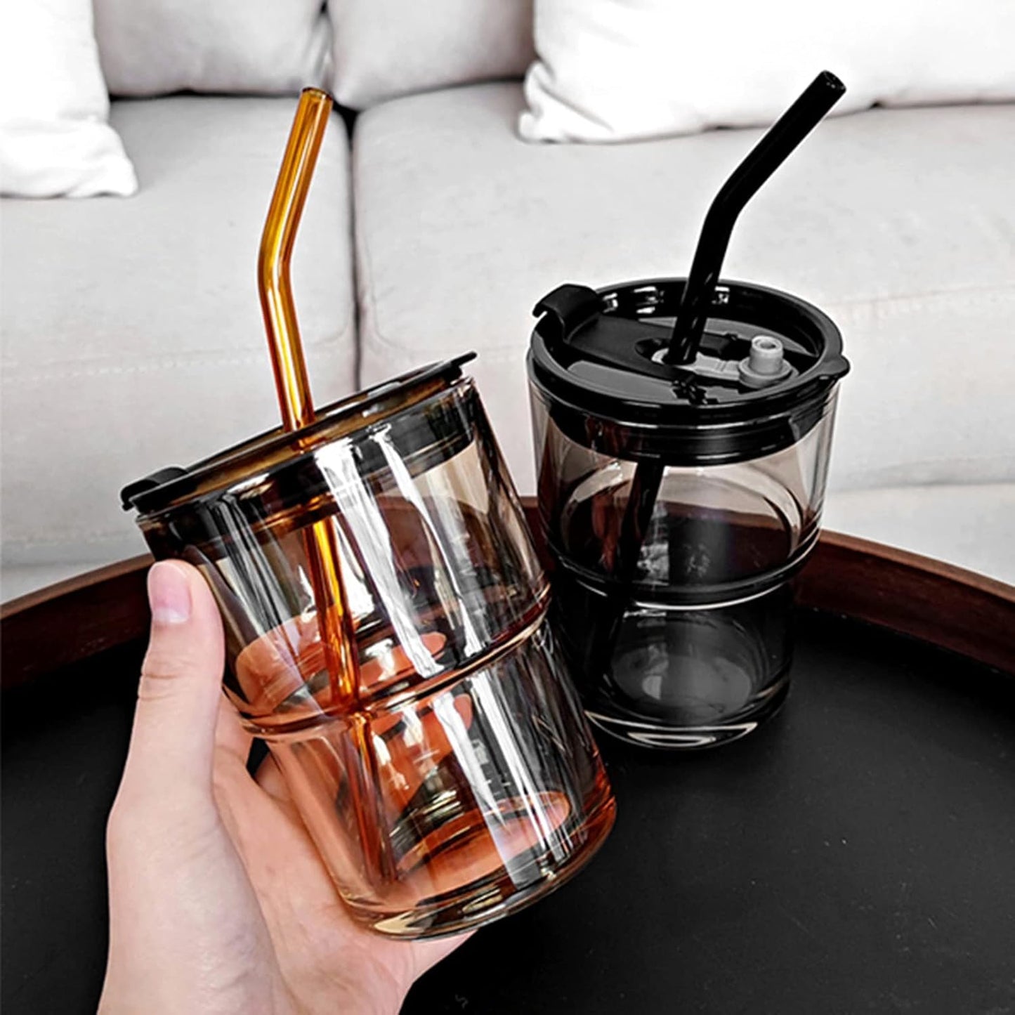 13 oz (Amber-4pack) BLUEPOLAR Tumbler Water Glass, Water Bottle with Straw and Dustproof Lid, Coffee Ice Cup Double