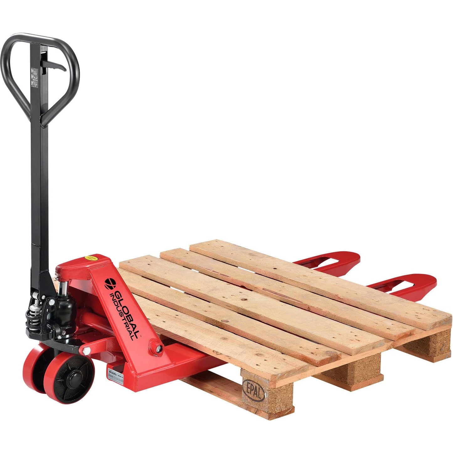 Global Industrial Standard Duty Narrow Pallet Jack with 21" W x 48" L Forks, 5500 lb. Capacity, Manual Pallet Truck for Warehouse, Manufacturing and Retail, Red Powder Coat Finish