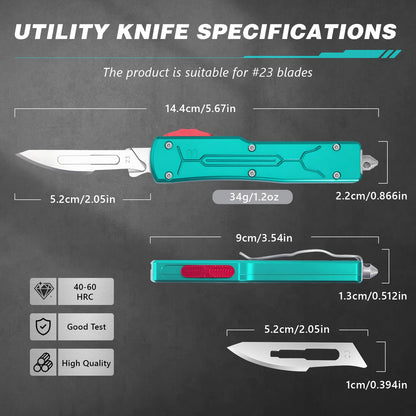 Automatic Utility Knife All Metal EDC Push Button Box Cutter with Quick-Change Retractable Blade, Includes 10pcs #23 Stainless Steel Blades & Clip,Knifes for Precision Work Green