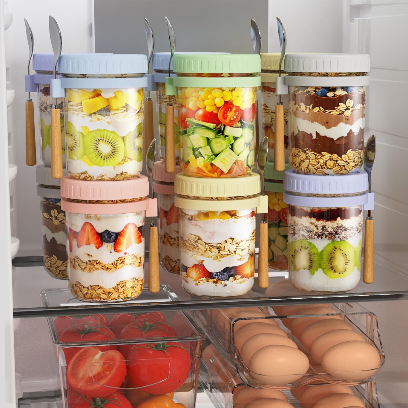 16oz 4 Pack HomArtist Overnight Oats Containers with Lids and Spoons, Wide Mouth Mason Jars with Airtight Lids