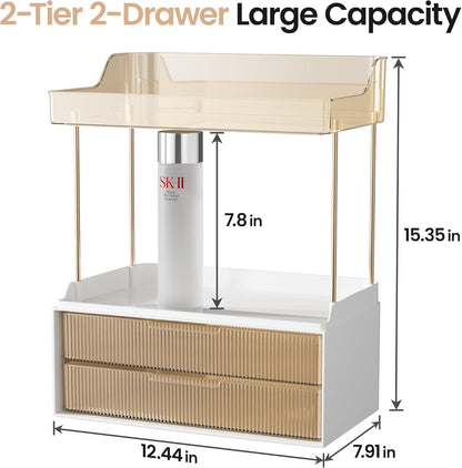 Delamu 2-Tier 2-Drawer Bathroom Counter Organizer, Multi-Purpose Makeup Organizer, Large Skincare Organizer, Amber