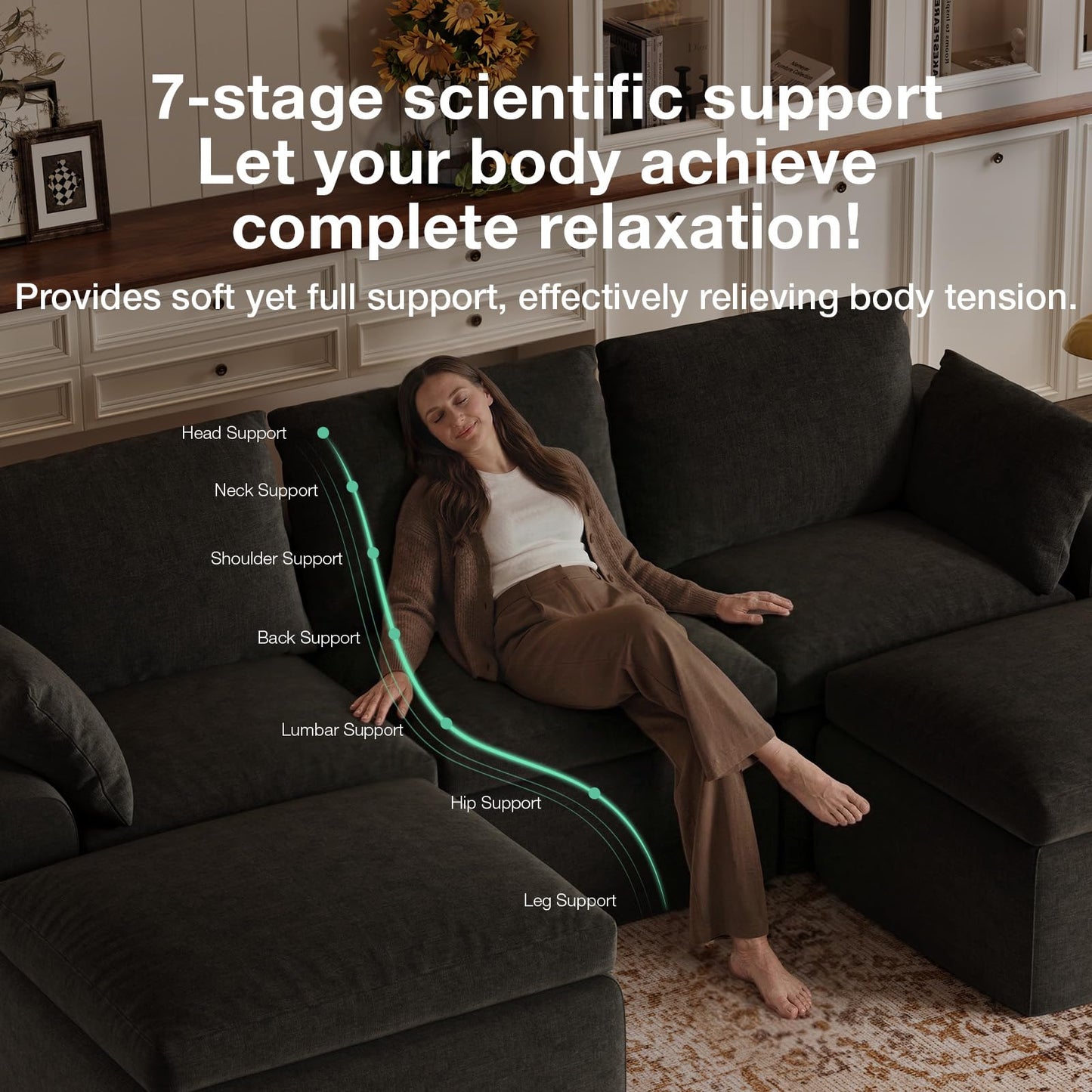 Novilla 133.8" Modular Cloud Couch, Modern Sectional Sofa with Smarts Coil® Support, Chenille Fabric, Upholstered Couch for Living Room Apartments Bedroom, No Assembly, 4 Seater + 2 Ottoman, Dark Grey