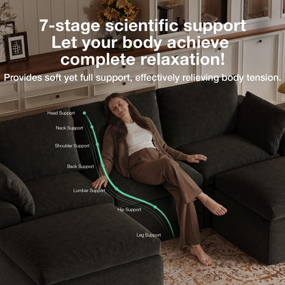 Novilla 133.8" Modular Cloud Couch, Modern Sectional Sofa with Smarts Coil® Support, Chenille Fabric, Upholstered Couch for Living Room Apartments Bedroom, No Assembly, 4 Seater + 2 Ottoman, Dark Grey