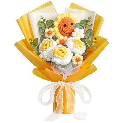 UXORSN Yellow Crochet Flower Bouquet for Mom Artificial Sunflower Finished Handmade Knitted Bouquet Preserved Flowers Fake Rose Crochet Kits Gift for Birthday Anniversary Graduation