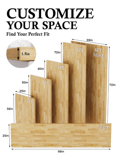 8FT Butcher Block Countertop Birch Solid Wood - 98" x 25" Table Top Butcher Block Cutting Board for Kitchen Island Cart Living Dining Office Desk Washer Dryer Countertop Replacement Unfinished 1.5" Th