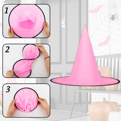 JarThenaAMCS 12Pcs Halloween Witch Hats with 16Pcs 3D Bat Stickers 109 Yard Hanging Rope Pink Black Hanging Witch Caps for Home Party Decoration