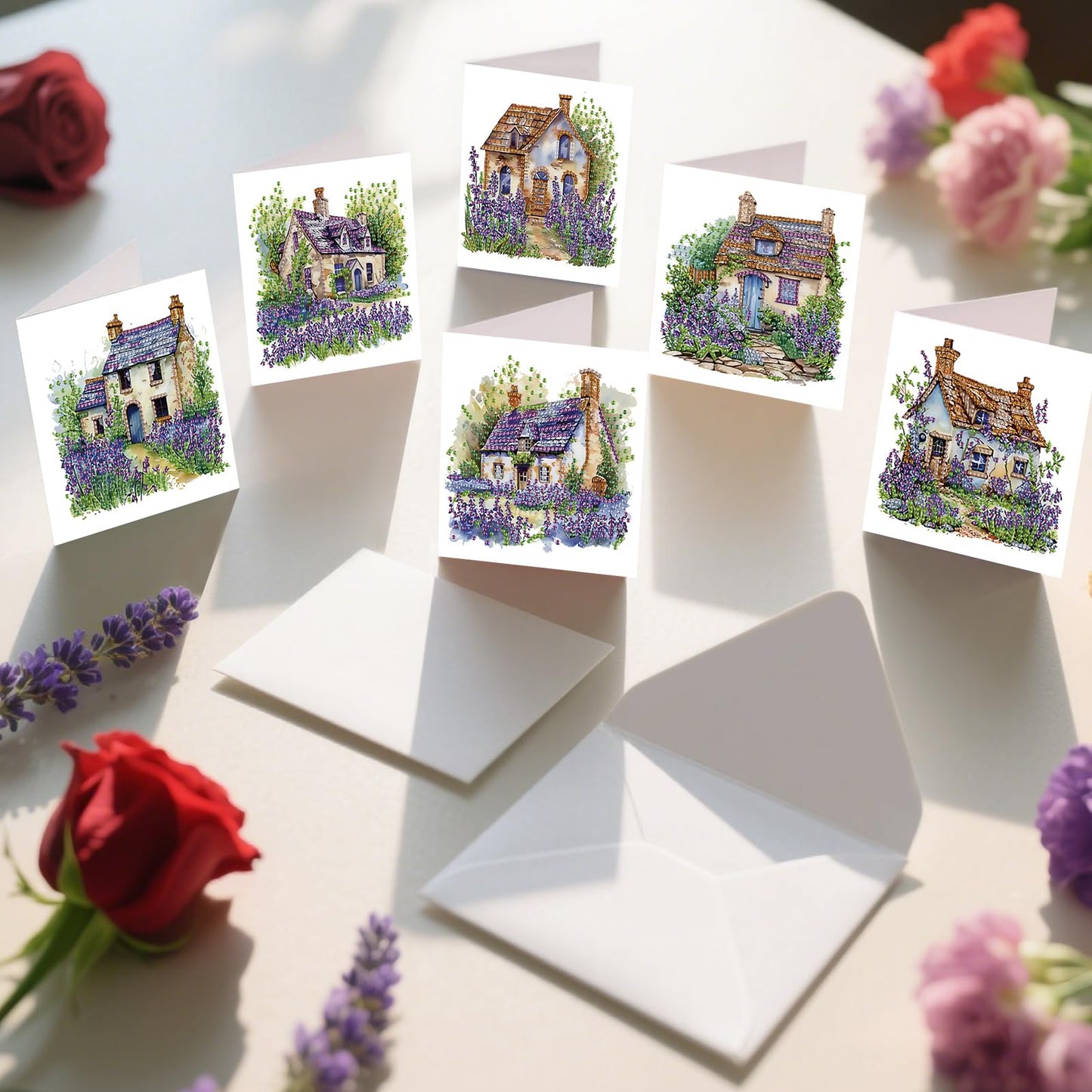 C'eitura 12Pcs Lavender Diamond Art Painting Greeting Card Kit with Envelopes, DIY Floral Christmas Birthday Thanksgiving Card Making Set, Calming Handmade Card Craft