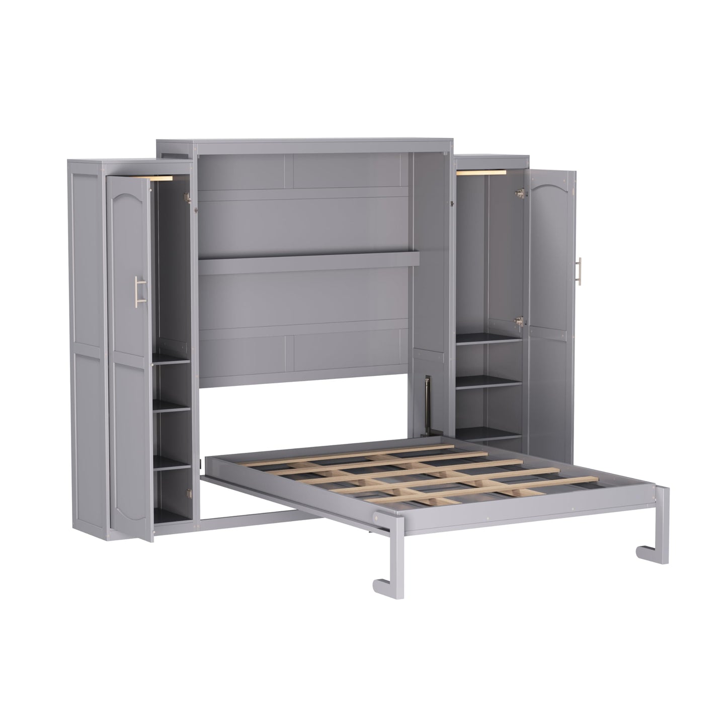Ball & Cast Full Size Murphy Bed,Wood Foldable Wall Bed with 2 Sides Wardrobe and Storage Shelf, Hidden Cabinet Bed Frame for Bedroom,Guest Room,Space Saving,No Box Spring Needed,Gray