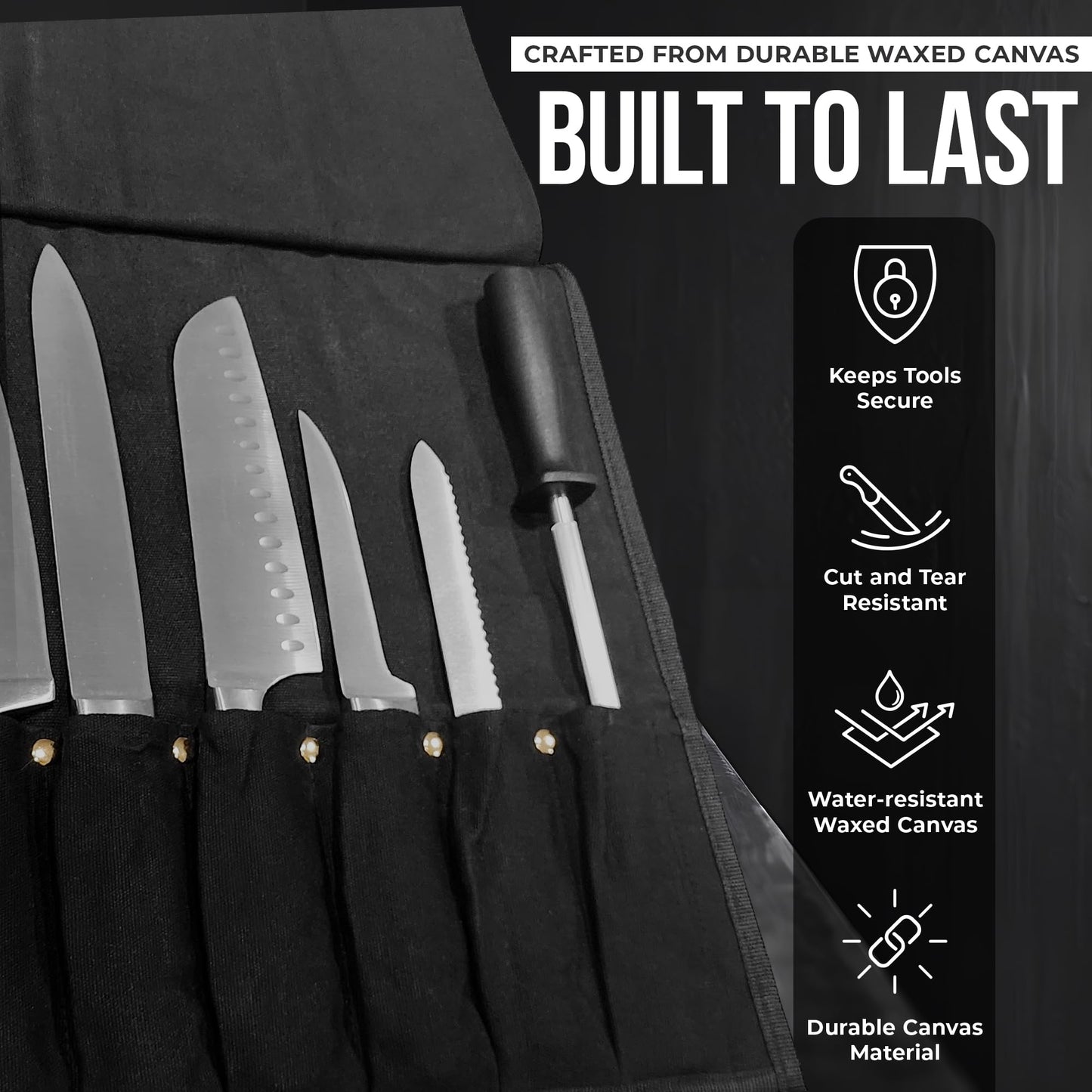 Chef Knife Roll Bag - Durable 6 Slot Black Waxed Canvas Knife Roll- Water Resistant Standard Knife Bag w/ Roll Tie, Large Zippered Pouch & 6 Plastic Knife Guards-Fits knives up to 2” wide & 15” long