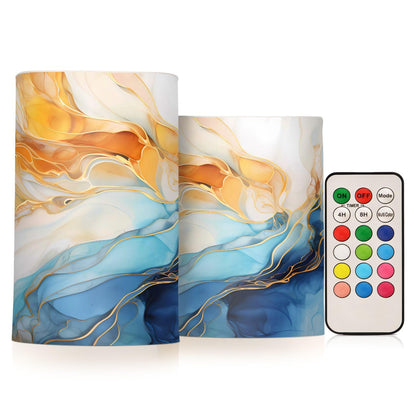 ALAZA Gold Blue Marble Flickering Flameless Candles Battery Operated with Remote Timer,Tea Light Candles LED Pillar Votive Candles Set of 2 for Outdoor Indoor Decorations