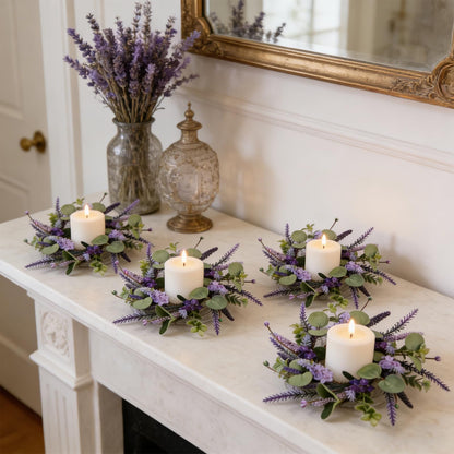 6 Pcs Small Lavender Candle Ring Wreaths Mini Pillar Candle Holder Wreath with Violet Hydrangea Flowers and Eucalyptus Leaves Artificial Spring Summer Wreath for Home Kitchen Table Cnterpieces