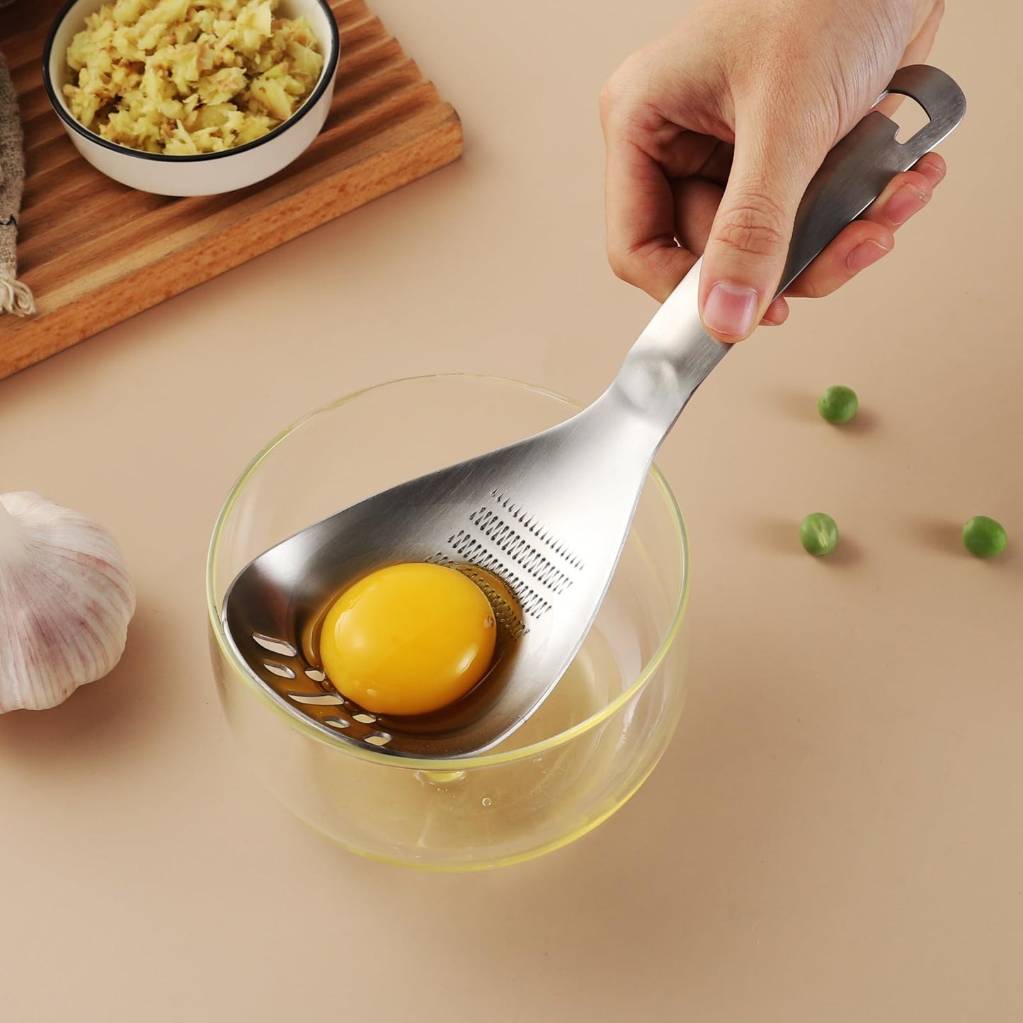2PC Multi-Function Cooking Spoon with Potato Masher, Egg Yolk Separator, Grater Plate, Bottle Opener & Slotted Spoon - 304 Stainless Steel, MEIYUSHENG
