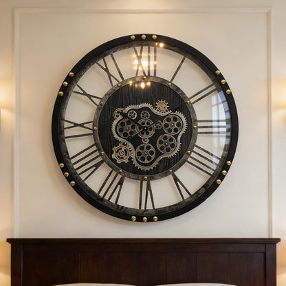 AMAATE Steampunk Wall Clock with Moving Gears, Kinetic Mechanical Industrial Design, Retro Distressed Iron Finish, Dynamic Art for Living Room and Bar Decor, 32 Inch