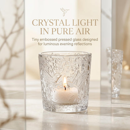 12 Pack Hummingbird Embossed Glass Candle Holders – Votive Tealight Holders with Patent Design, Decorative Embossed Glass Cups for Wedding Centerpieces, Parties, and Home Décor (Crystal Clear)