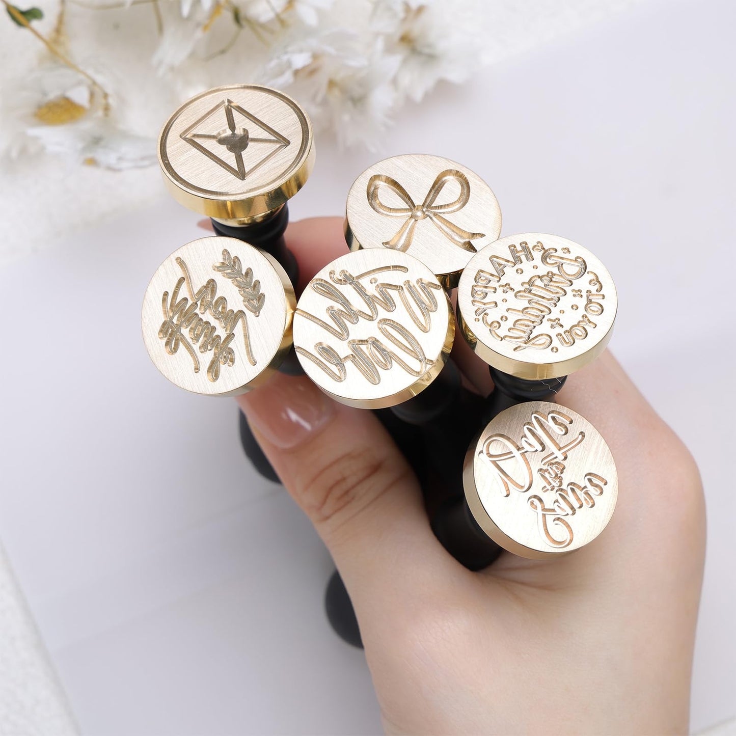 UNIQOOO 6 Pcs Wax Seal Stamp Set, Blessing Sealing Stamper Kit, Wooden Handle with Brass Head for Party Invitations, Envelops, Greeting Cards (Phrases Series)