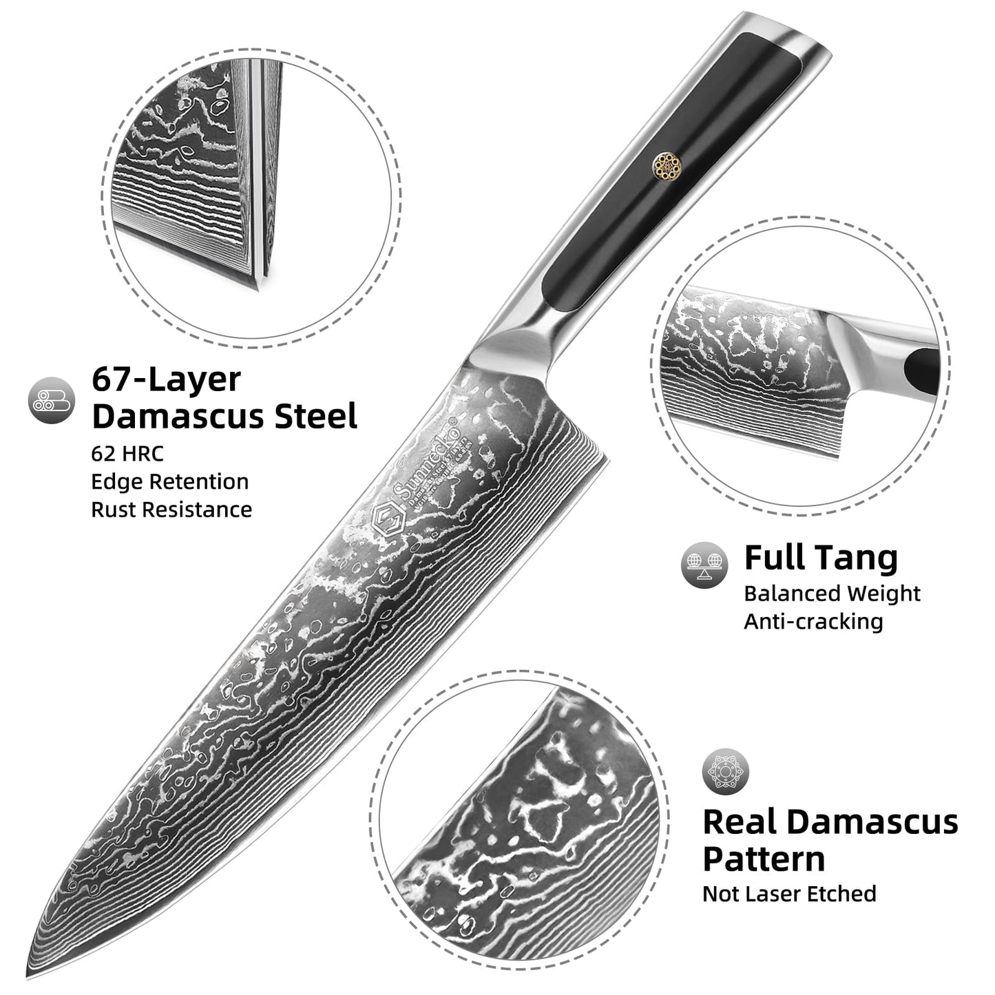Sunnecko 8 Inch Japanese Damascus Chef Knife - Ultra Sharp 10-12 Degree Edge VG10 67 Layers Kitchen Cooking Knives for Meat, Vegetable & Fruit, Full Tang Forged Blade, Premium Father Day Gift Box
