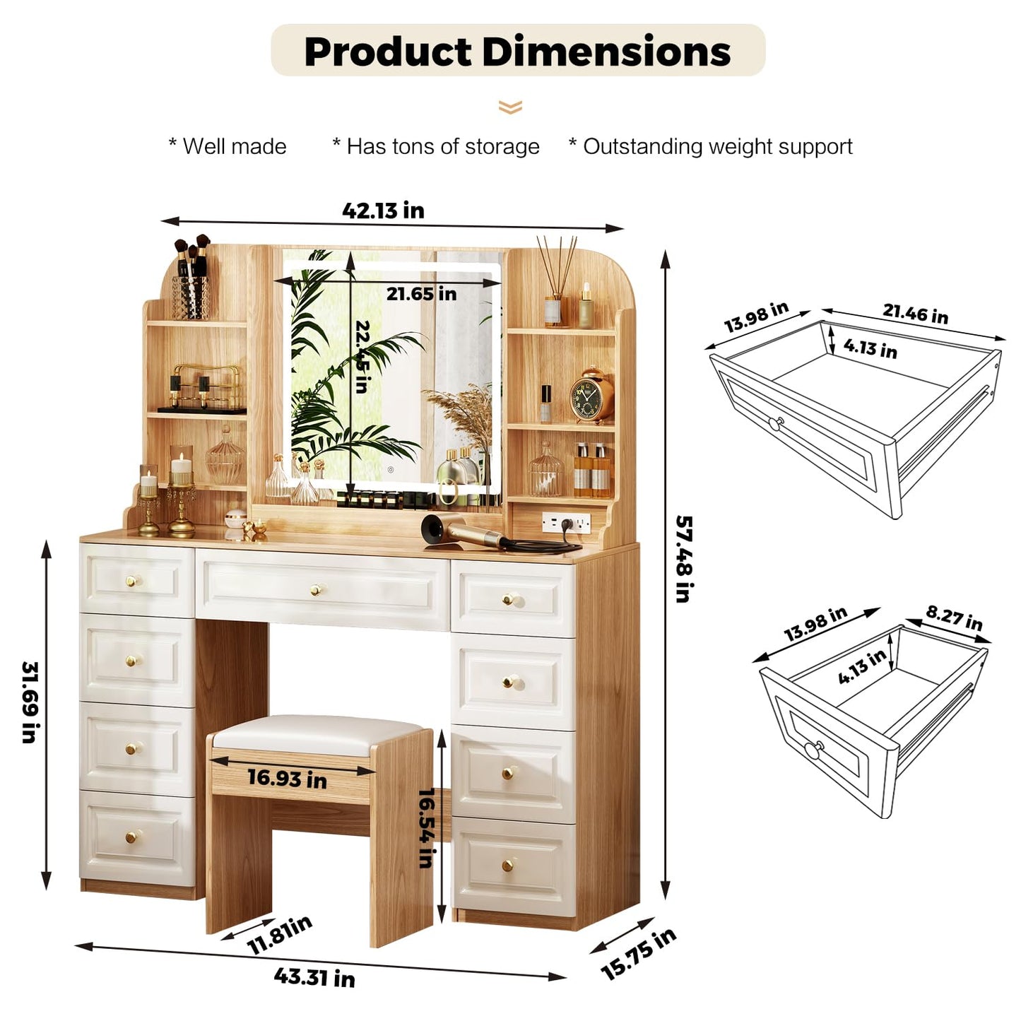 Arulvmrn 43" Makeup Vanity Desk with Mirror and Lights, & Power Outl, Glass Top Big Vanity Table with 9 Drawers& 8 Storage Shelves, Dressing Table Set with Chair for Bedroom, Oak