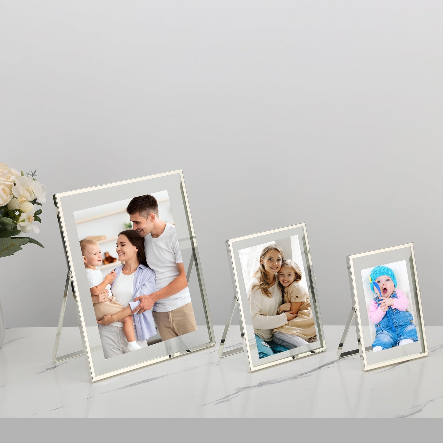 Silver 5x7'' Floating Frame Set of 2, For Photo Sizes ( 3.5x5'', 4x 6''), Silver Plated Metal Frames 5x7'' for Tabletop/Shelf Display, Classy Gift Choice for Wedding, Thanksgiving, Christmas,Birthady.