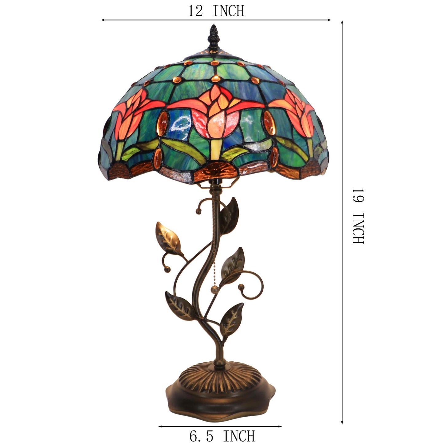 LXHCYOU Tiffany Table Lamp, Stained Glass Desk Light, W12H19 Inch, Metal Leaf Base (Tulip Style)