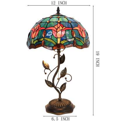 LXHCYOU Tiffany Table Lamp, Stained Glass Desk Light, W12H19 Inch, Metal Leaf Base (Tulip Style)