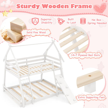 KOMFOTT Wood Twin Over Queen House Bunk Bed, Playhouse Floor Low Bunk Bed with Climbing Nets & Ramp, Space Saving Solid Wood Bunk Bed Frame with Safety Guardrails, Not Box Spring Required (White)