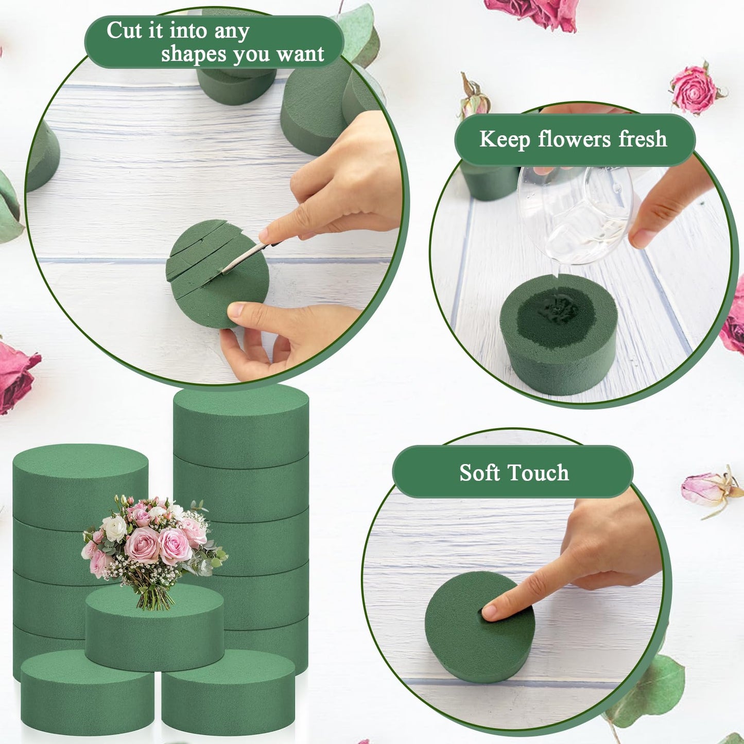 24 PCS Round Floral Foam Blocks,Green Wet Foam Block,Dry Floral Foam,Wet Florist Block Flower Arrangement Supplies for Wedding Aisle Flowers,Arty Decoration,Party