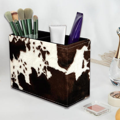 VSHSEEOM Cow Hide Print Pencil Holder for Desk, PU Leather Multifunctional Mobile Pen Holder Desktop Organizer Makeup Brush Holder for Classroom, Office and Home
