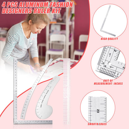 Xuhal 4 Pcs Back to School Fashion Sewing Ruler with French Curves Aluminum Designers Ruler Kit Includes Curve, Hip, L Square and Plastic Grading for Design Crafts Sewing