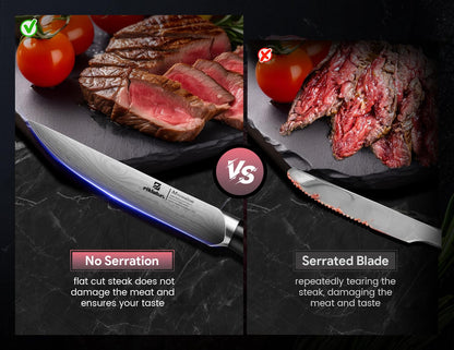 Piklohas Steak Knives Set of 6, 4.6 Inch Non Serrated Dinner Knife, Forged German Steel Damascus Pattern Straight Edge Meat Knife with Full Tang Handle, Dishwasher Safe, Ideal for Gift