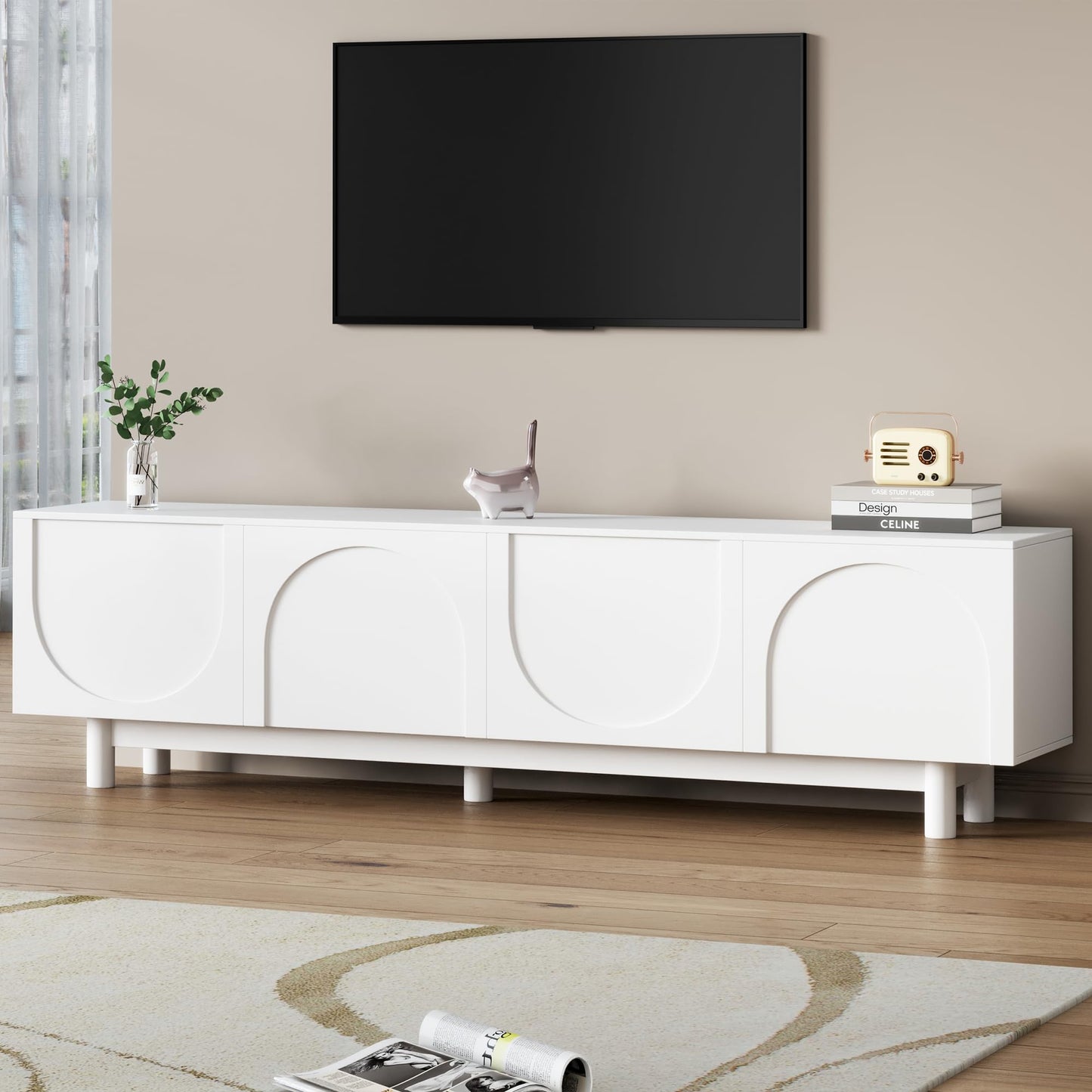 Ball & Cast Modern TV Stand with Arch Cabinets for TVs up to 78", Minimalist Entertainment Center w/Solid Wood Legs and Adjustable Shelves, Media Console for Living Room,White