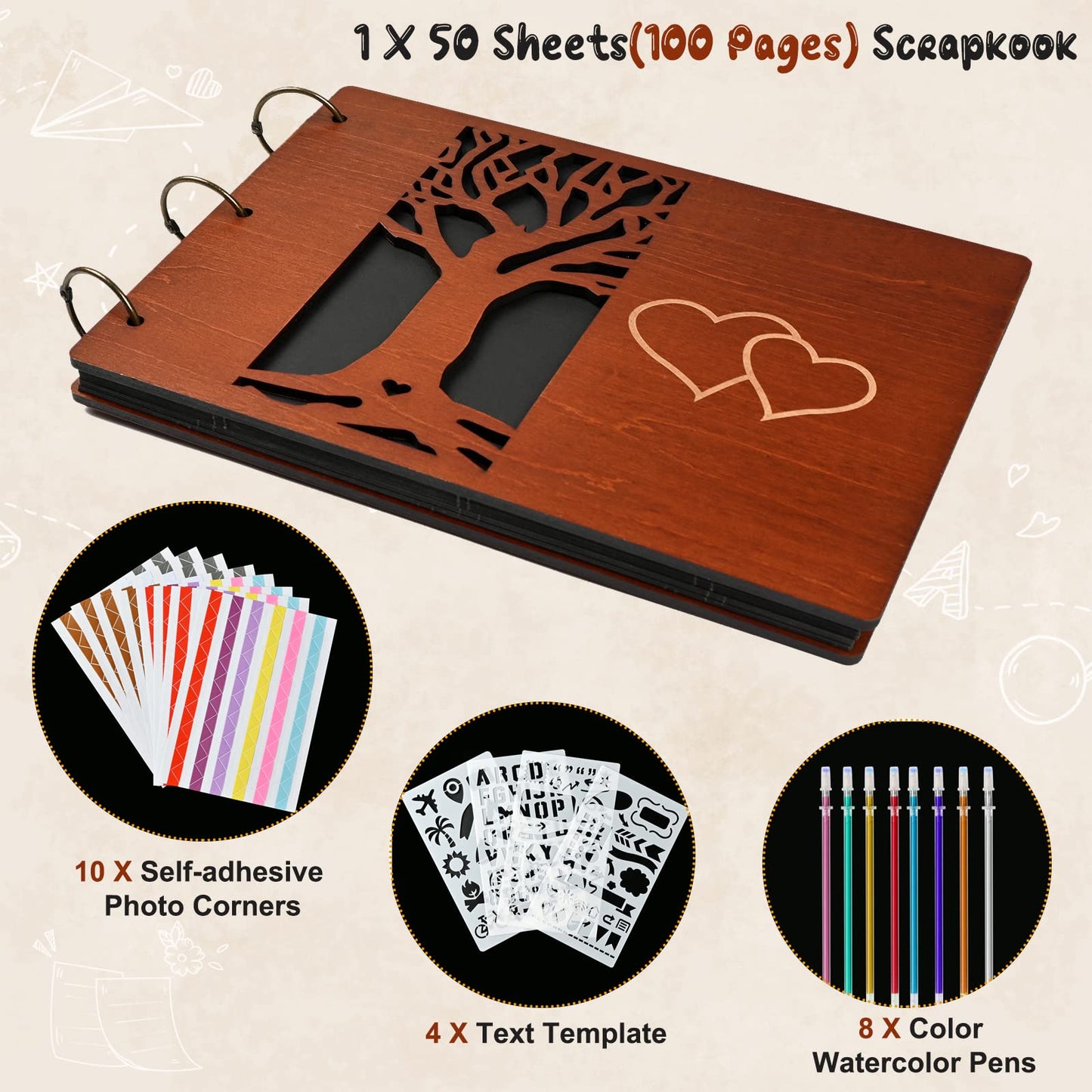 Giiffu Wooden Family Scrapbook Album, DIY Photo Memory Book with Family Tree Design, 100 Pages Personalized Scrapbooking Album, Gift for Mother’s Day, Baby Shower & Family Keepsake
