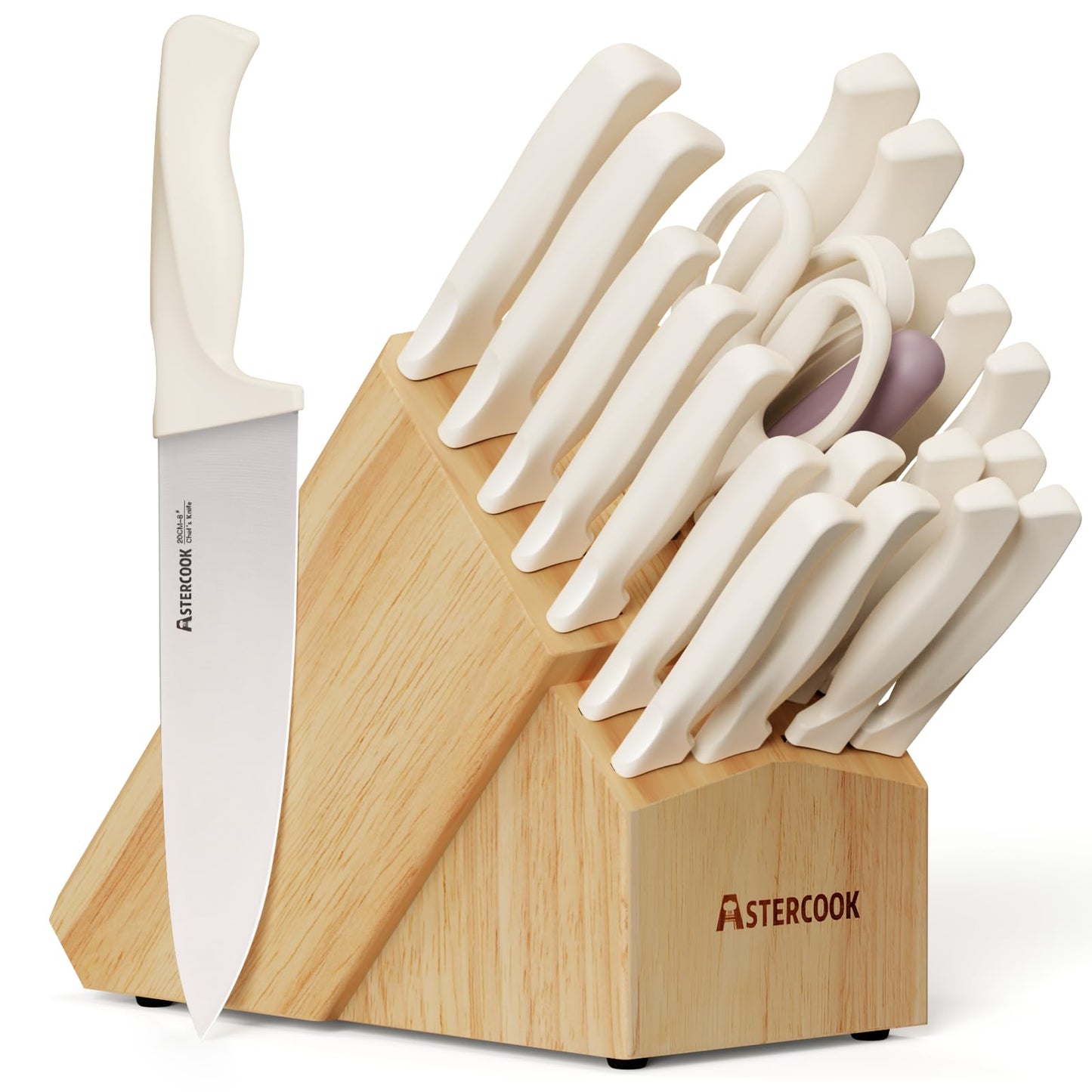 Knife Set, Astercook 22-Piece Kitchen Knife Set with Built-in Sharpener Block, High Carbon Stainless Steel Knives, Dishwasher Safe, Non-Slip Handle, Elegant Cream White Design, Perfect Holiday Gifts