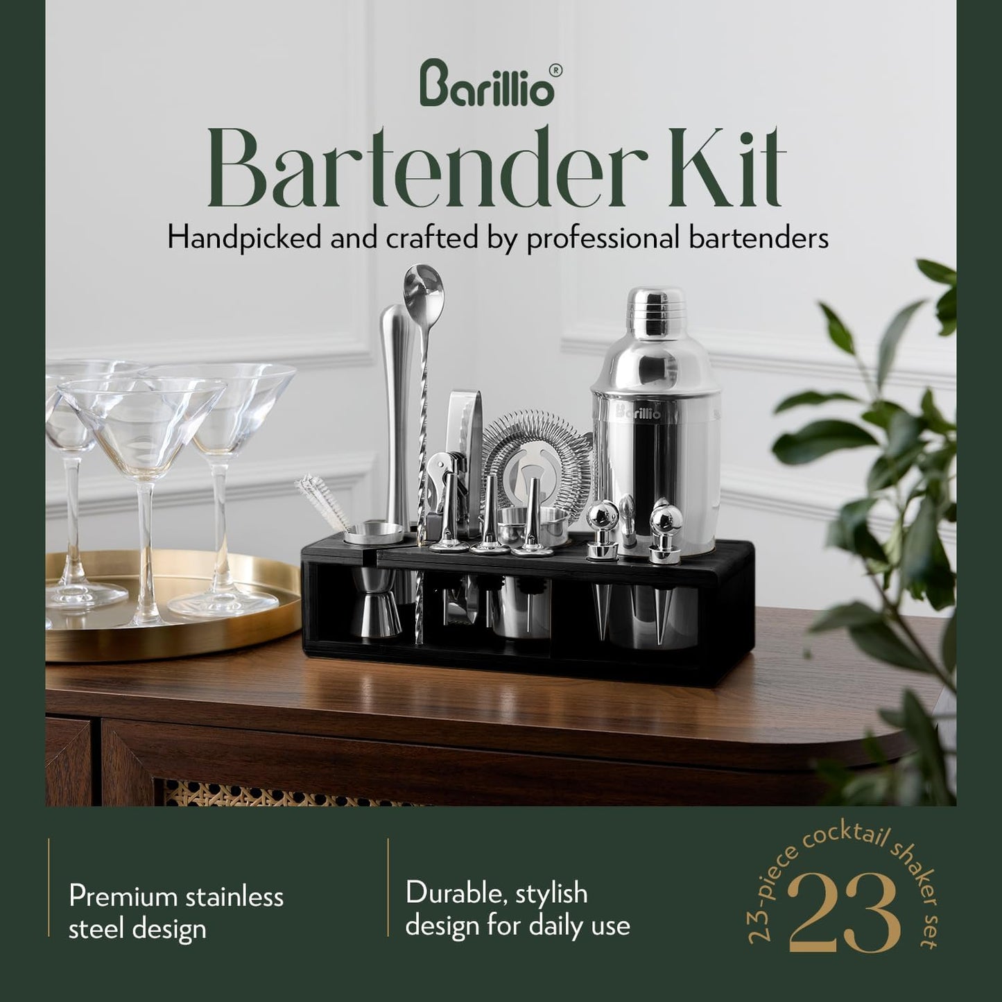 Barillio Silver Bartender Kit - Stainless-Steel Cocktail Shaker Set with Black Bamboo Stand - 23-Pc Mixology Bar Tools