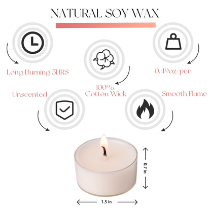 MUUFAZA 12 Unscented Natural Soy Tealight Candles in Clear Cups, 5H Long Clean Burning, Hand-Poured Coloful Mini Tea Candle Set for Parties, Spa, Meditation, Gift, Holiday, Emergency, Home Decor