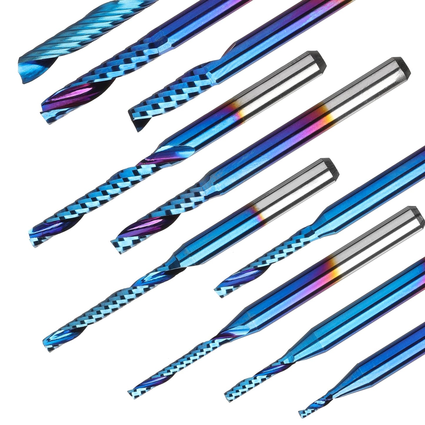 Genmitsu 1/8 Inch Shank 10pcs Carbide Spiral O Flute (Single Flute) End Mill CNC Router Bits, Solid Nano Blue Coat, for Woodworking Cutting Carving Wood Acrylic PVC PCB MDF, OS10A