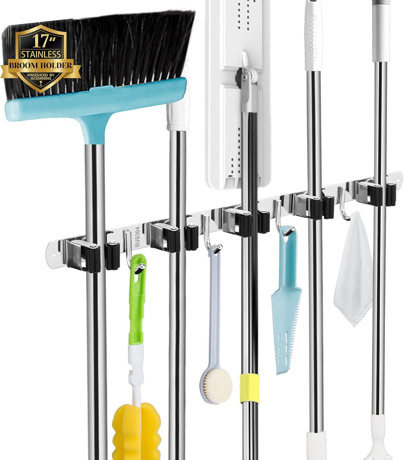 Skiennix Wall-Mounted Broom and Mop Holder - Heavy-Duty 5 Racks & 4 Hooks | Black Stainless Steel Organizer