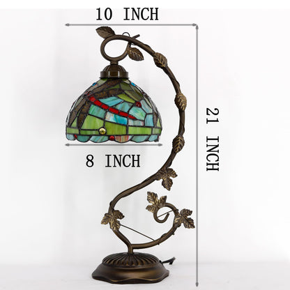 ZJART Tiffany Lamp Stained Glass Table Lamp Metal Leaf Desk Reading Light 8X10X21 Inch Decor Small Space Bedroom Home Office (Green Red Dragonfly)