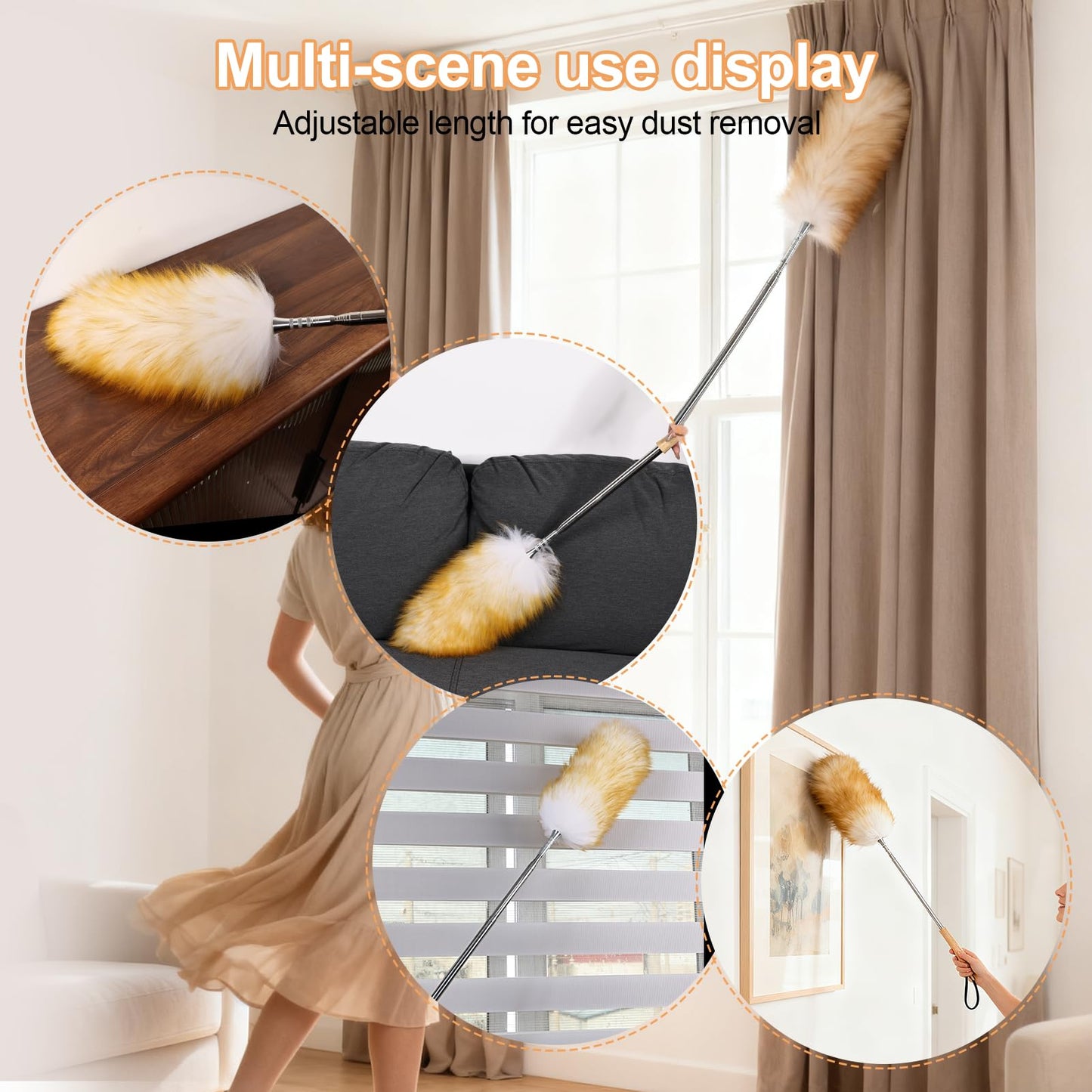 Extendable Lambswool Feather Duster 31-88 Inch, Anti-Static Wool Duster for Cleaning with Stainless Steel Pole - Ideal for High Ceilings, Fans, Interior & Roof (Yellow & White)