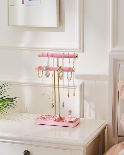 Lolalet 2-Tier Necklace Holder Display, Velvet Wrapped Jewelry Organizer with Removable Ring Tray, Tall Bracelet Stand for Bangles Watches Earrings, Gifts for Mom Girls Women Mother's Day -Pink