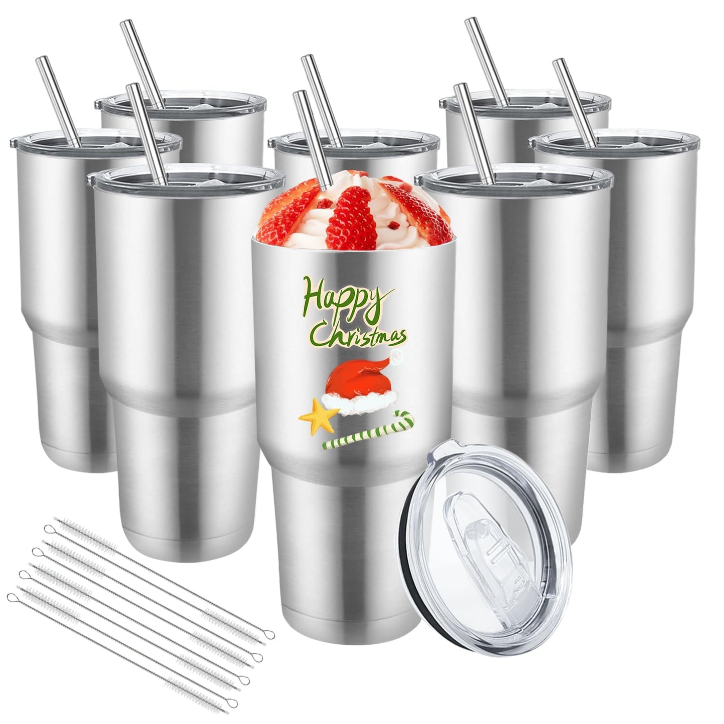 YOUKE OLA 8 Pack Stainless Steel Insulated Tumbler with Lids and Straws Bulk Double Wall Vacuum Insulated Coffee Travel Tumbler for DIY Gift (Silver, 30oz)