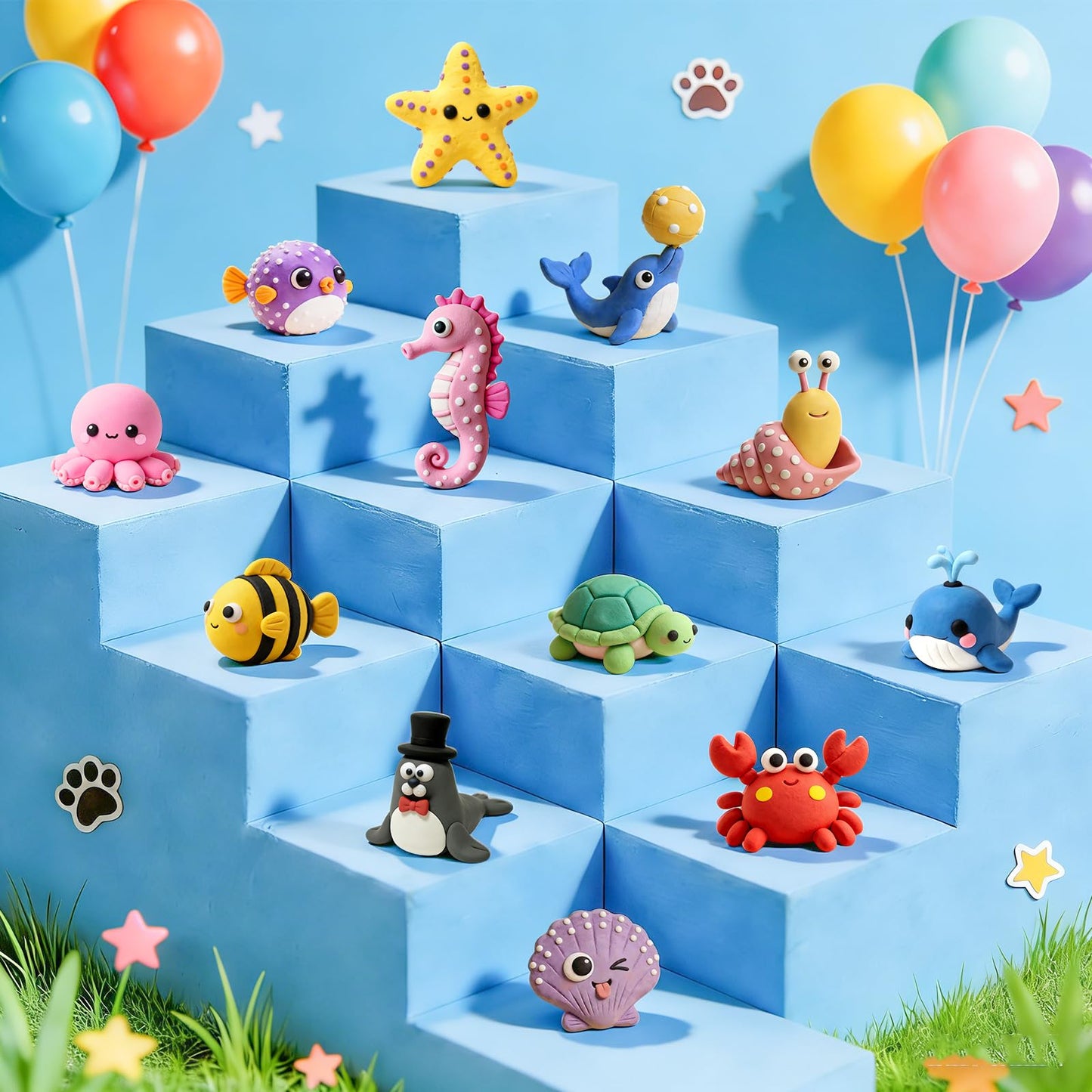 Air Dry Clay Kit - 12 Marine Animal Modeling Clay for Kids, Complete DIY Clay Craft Set with Sculpting Tools & Step-by-Step Tutorials, Ultra Soft & Non-Sticky Clay, Children's Day Gift Ideas