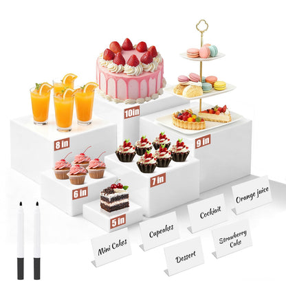 6Pcs Buffet Risers with Mini Sign and Maker, Acrylic Food Risers for Buffet Table, White Food Display Stands for Party, Collectibles Jewelry Display Stand, Acrylic Boxes Nesting Risers(10",9",8",7",6",5")