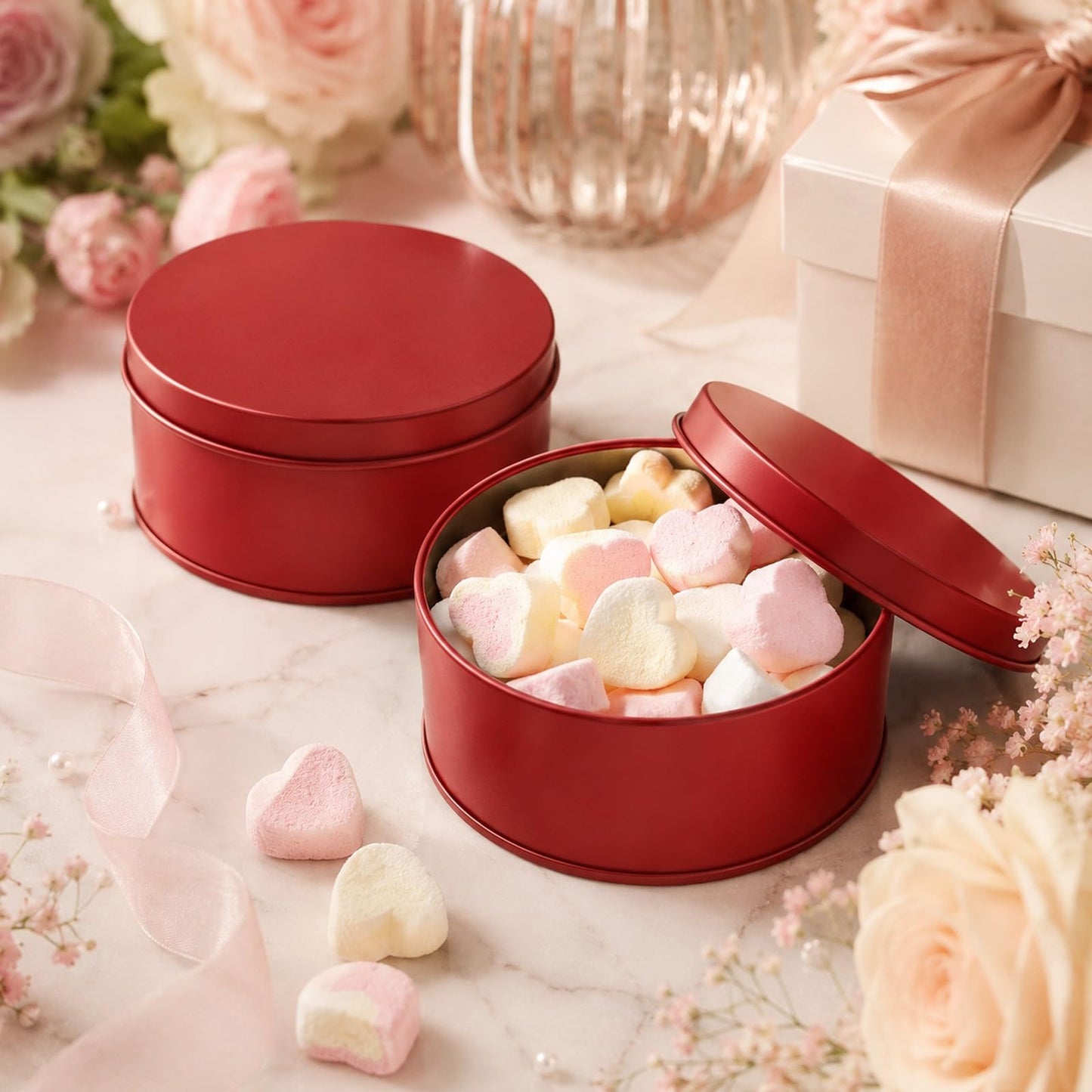 LUOZZY 3 Pcs Round Metal Cookie Tins Red Candy Storage Containers For Baking Pastries Craft Supply And Holiday