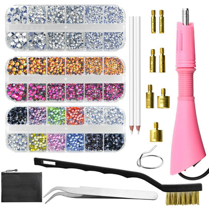 XINMEIWEN Bedazzler Kit with Rhinestones,Hot Fix Applicator Tool, Diamond Painting Pen, 7 Different Sizes Tips,Tweezers and Brush Cleaning Kit for DIY Clothes Shoes (Pink)
