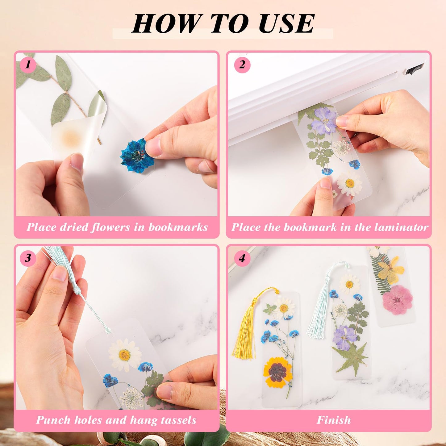 WSICSE 326Pcs Pressed Flower Bookmark Making Kit, Includes 125 Dried Flowers, 100Pcs 12 Mils Bookmarks Laminating Pouches, 100 Tassle and 1 Puncher, DIY Bookmark Kit for Book Lovers(1.96 x 5.9'')