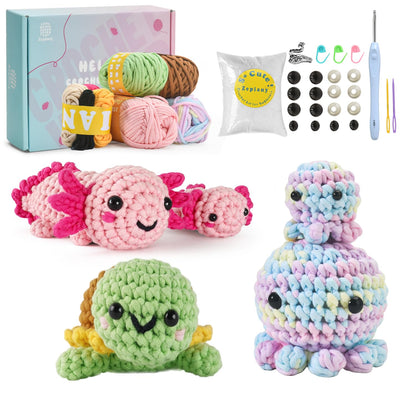 Crochet Kit for Beginners, 5 Pack Amigurumi Beginner Crochet Kits Animals, Crochet Turtle Axolotl Octopus Crocheting Kit, Easy Knitting Kit for Beginners with Step-by-Step Video Craft Kits for Adults