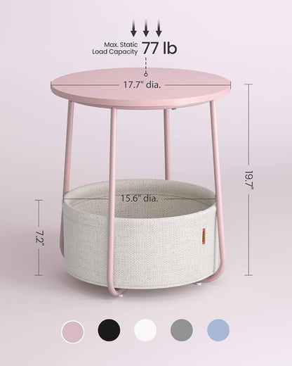 ULET223R61 VASAGLE LILEA Collection - Small Round Side End Table, Modern Nightstand with Fabric Basket, Jelly Pink
