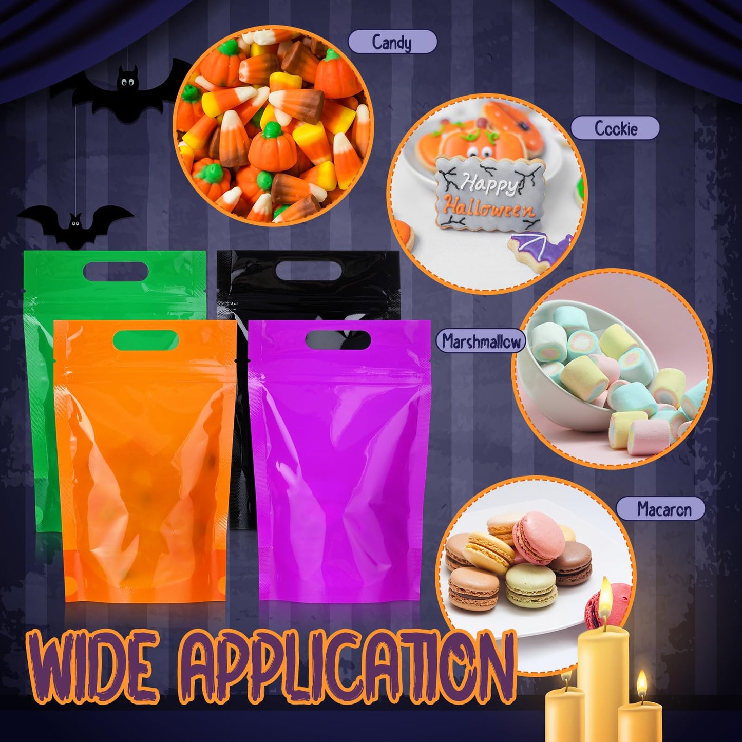 TaoBary 100 Pcs Halloween Resealable Treat Snack Candy Bags with Handle Halloween Plastic Goodie Bags Pouches with Window for Parties Gift Wrapping Supplies Small Business Cookies